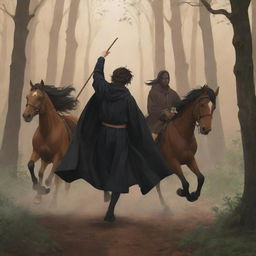 Anime style illustration featuring the backs of a young king in a black robe without a crown and a witch in a brown robe holding a staff, both astride different horses sprinting through a forest.