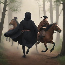 Anime style illustration featuring the backs of a young king in a black robe without a crown and a witch in a brown robe holding a staff, both astride different horses sprinting through a forest.