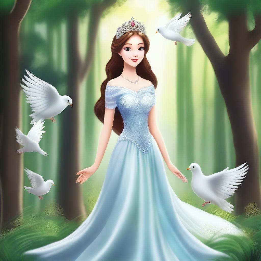 Generate an image of a majestic forest setting with a princess in the middle