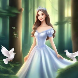 Generate an image of a majestic forest setting with a princess in the middle