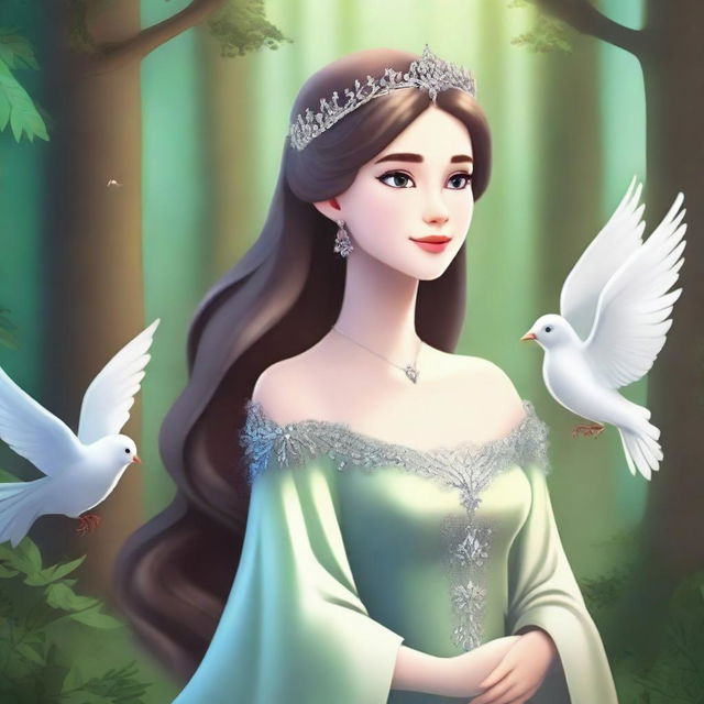 Generate an image of a majestic forest setting with a princess in the middle