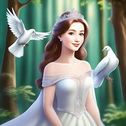 Generate an image of a majestic forest setting with a princess in the middle