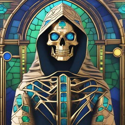 Generate an image of a golden skeleton with blue gemstone eyes