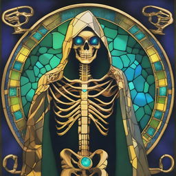 Generate an image of a golden skeleton with blue gemstone eyes