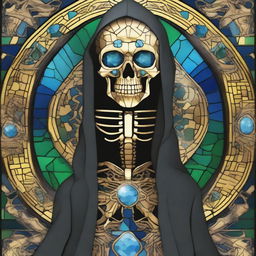 Generate an image of a golden skeleton with blue gemstone eyes