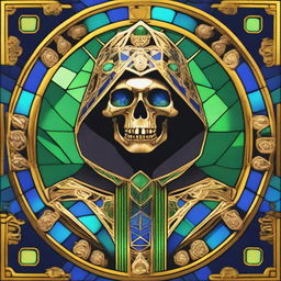 Generate an image of a golden skeleton with blue gemstone eyes