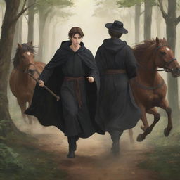 Anime style illustration featuring the backs of a young king in a black robe without a crown and a witch in a brown robe holding a staff, both astride different horses sprinting through a forest.