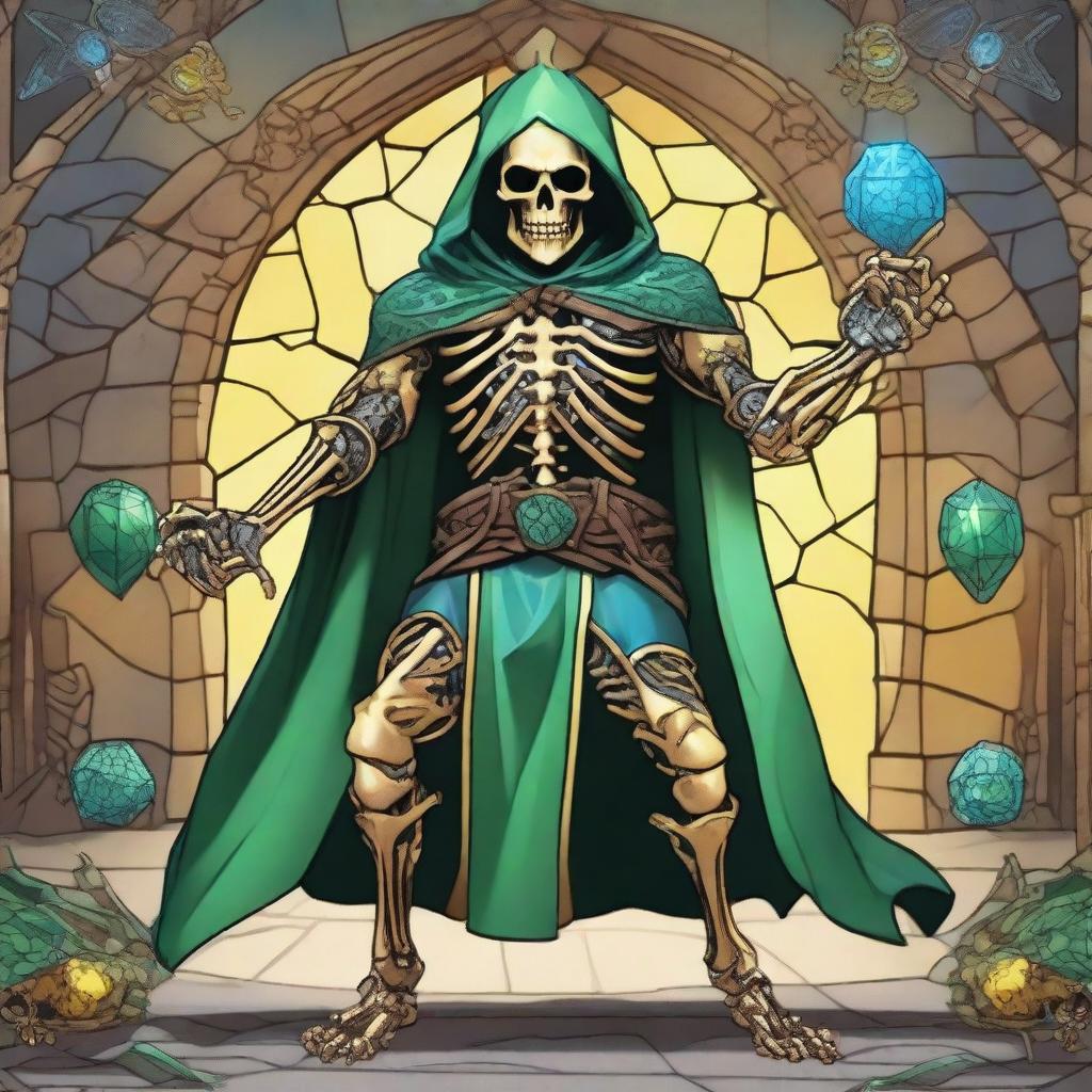 Generate an image of a full-bodied golden skeleton character with blue gemstone eyes in an action pose for a Dungeons and Dragons campaign