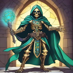 Generate an image of a full-bodied golden skeleton character with blue gemstone eyes in an action pose for a Dungeons and Dragons campaign