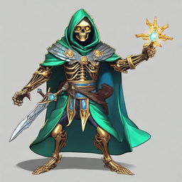 Generate an image of a full-bodied golden skeleton character with blue gemstone eyes in an action pose for a Dungeons and Dragons campaign