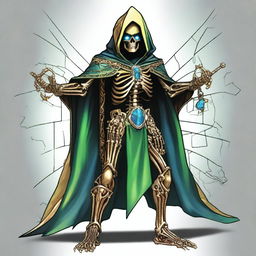 Generate an image of a full-bodied golden skeleton character with blue gemstone eyes in an action pose for a Dungeons and Dragons campaign