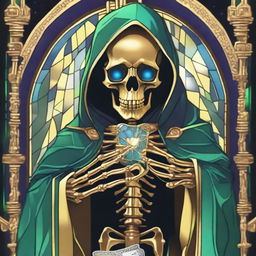 Generate an image of a golden skeleton with blue gemstone eyes