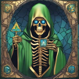 Generate an image of a golden skeleton with blue gemstone eyes