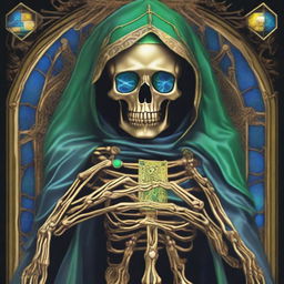 Generate an image of a golden skeleton with blue gemstone eyes