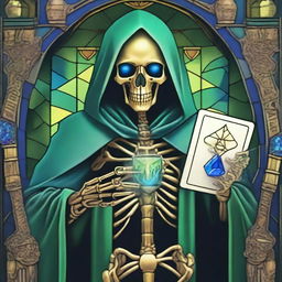 Generate an image of a golden skeleton with blue gemstone eyes