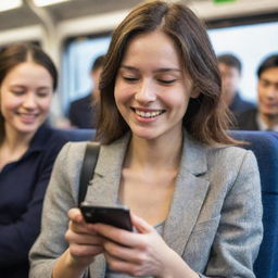 A gracefully sketched woman engrossed in her phone, sporting a bright smile while on a busy train.