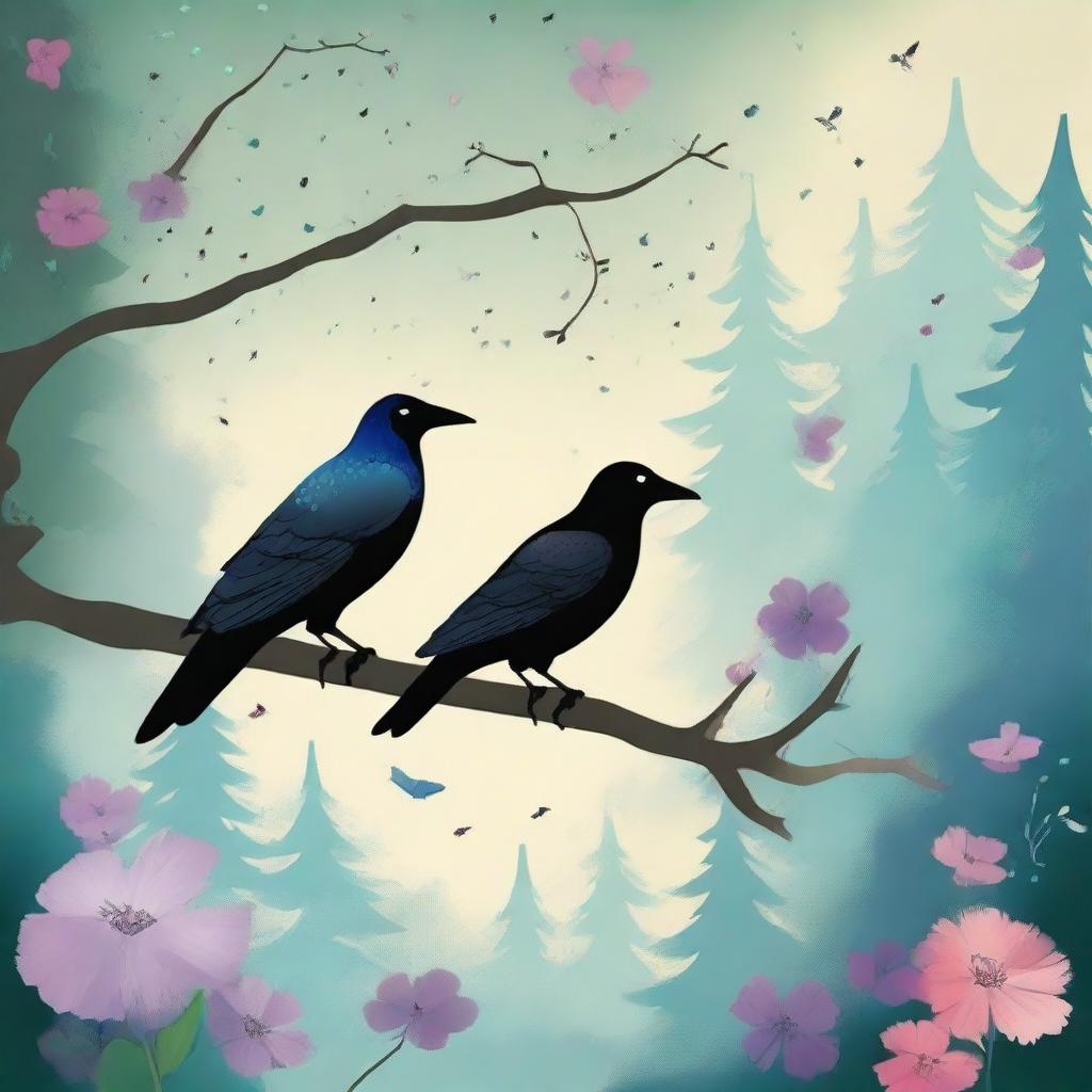 Create an enchanting forest scene with a crow and a dove perched together on a branch