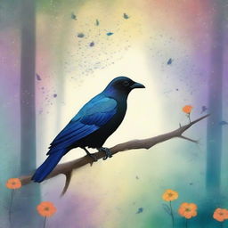 Create an enchanting forest scene with a crow and a dove perched together on a branch