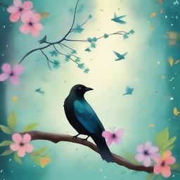 Create an enchanting forest scene with a crow and a dove perched together on a branch