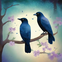 Create an enchanting forest scene with a crow and a dove perched together on a branch