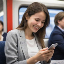 A gracefully sketched woman engrossed in her phone, sporting a bright smile while on a busy train.