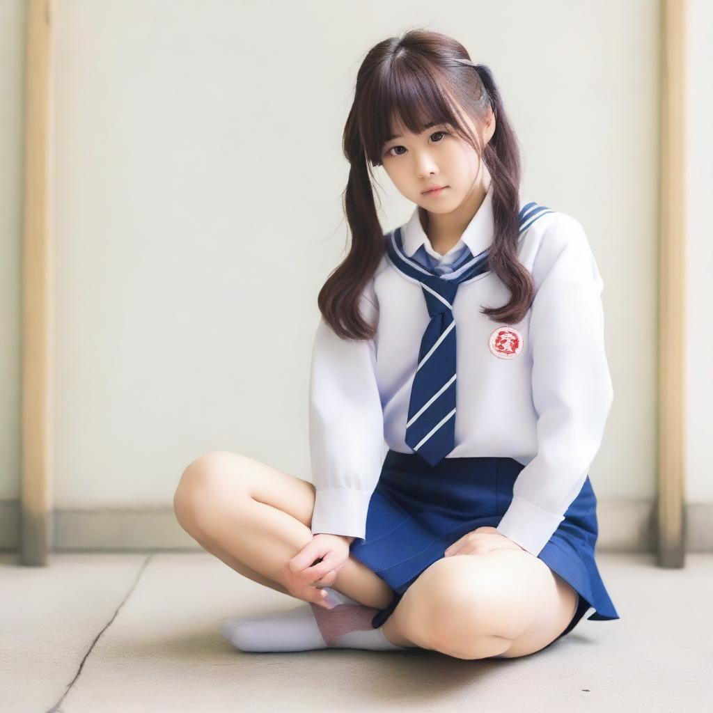 Generate an image of a Japanese schoolgirl in a squatting down pose with bent knees
