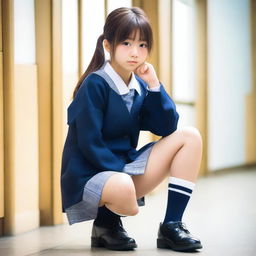 Generate an image of a Japanese schoolgirl in a squatting down pose with bent knees