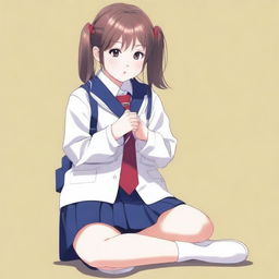 Create an image of a Japanese schoolgirl in a squatting down pose with bent knees