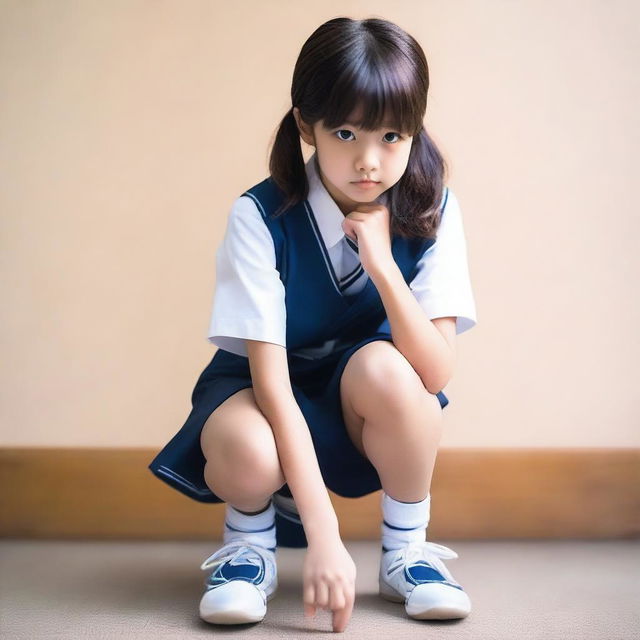 Create an image of a Japanese schoolgirl in a squatting down pose with bent knees