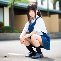 Create an image of a Japanese schoolgirl in a squatting down pose with bent knees