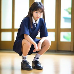 Create an image of a Japanese schoolgirl in a squatting down pose with bent knees