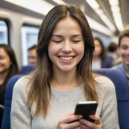 A gracefully sketched woman engrossed in her phone, sporting a bright smile while on a busy train.