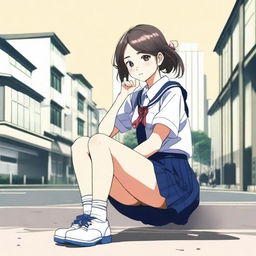 Create an image of a fashionable Japanese schoolgirl squatting down in a skirt