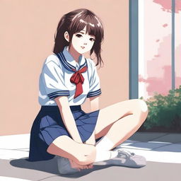 Create an image of a fashionable Japanese schoolgirl squatting down in a skirt