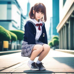 Create an image of a fashionable Japanese schoolgirl squatting down in a skirt