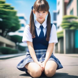 Create an image of a fashionable Japanese schoolgirl squatting down in a skirt
