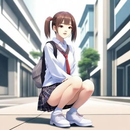 Create an image of a stylish Japanese schoolgirl squatting down in a skirt