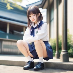 Create an image of a stylish Japanese schoolgirl squatting down in a skirt