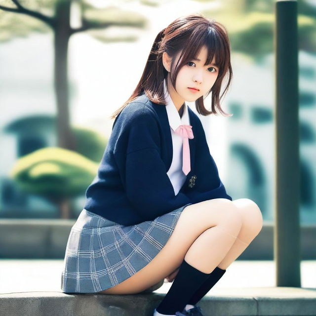 Create an image of a stylish Japanese schoolgirl squatting down in a skirt