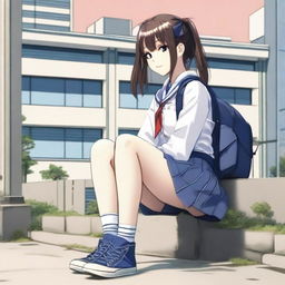 Create an image of a stylish Japanese schoolgirl squatting down in a skirt