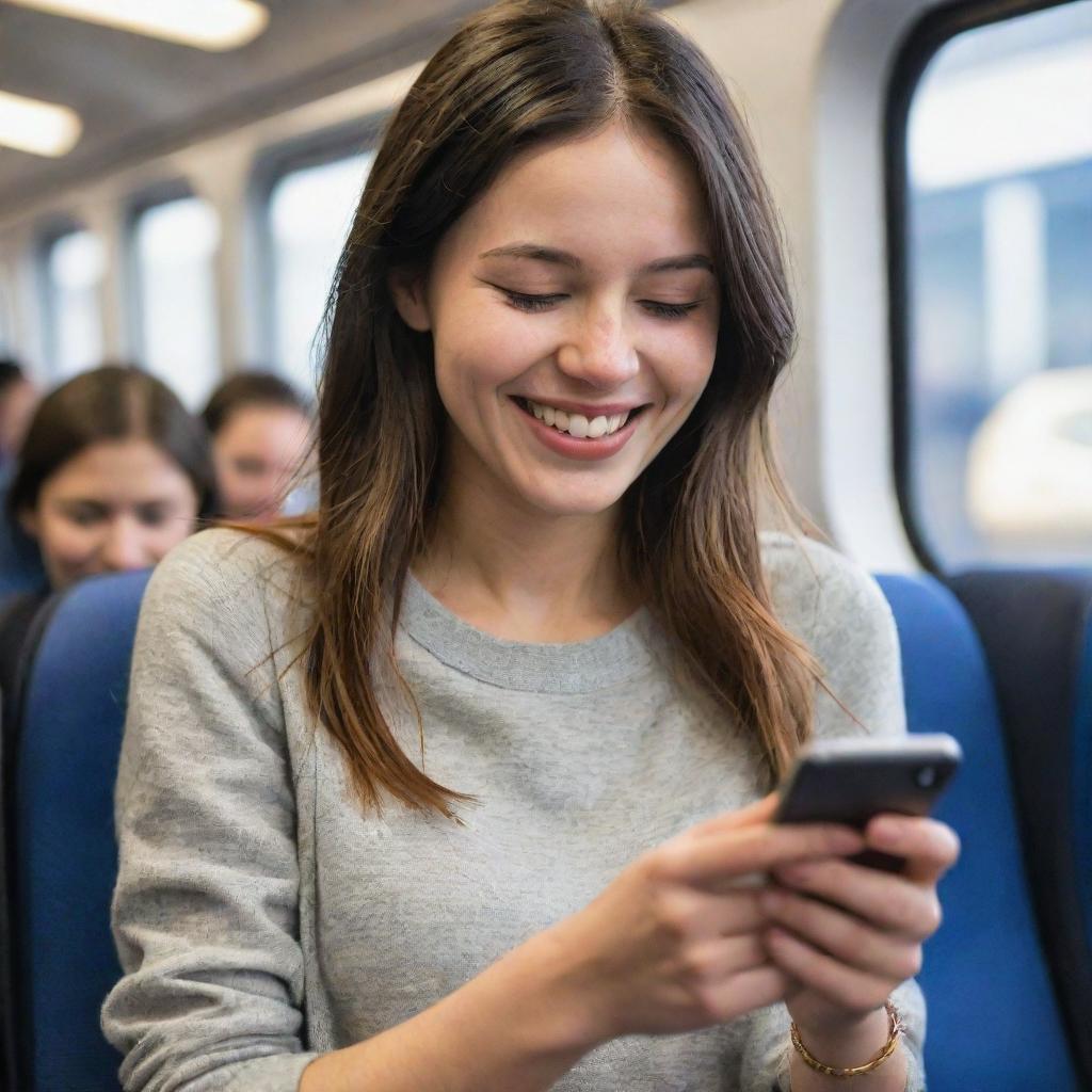 A gracefully sketched woman engrossed in her phone, sporting a bright smile while on a busy train.