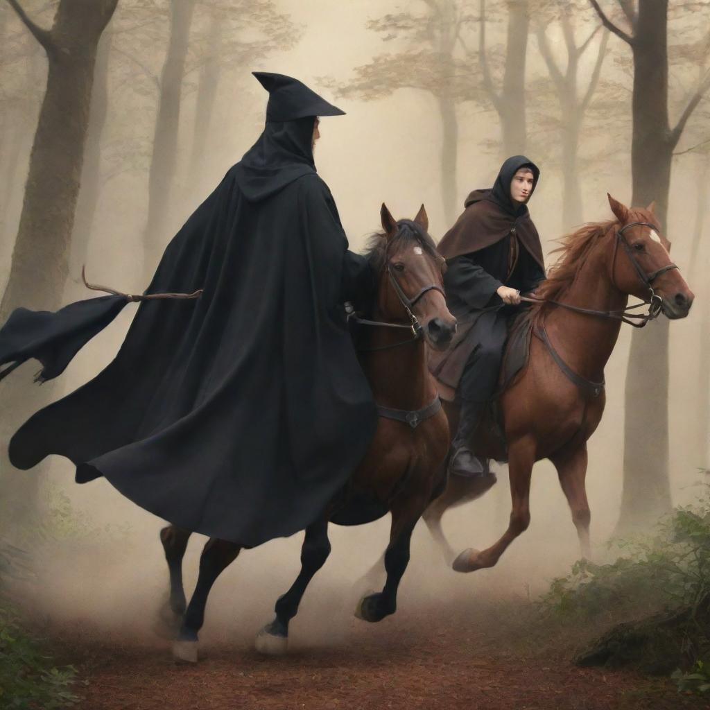 Anime style illustration of a young king in a black robe, without a crown, and a witch in a brown robe with a staff, viewed from behind, both mounted on different horses galloping through a forest.