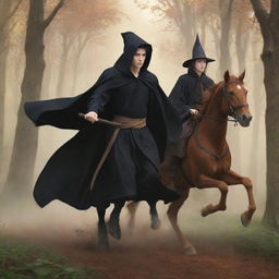 Anime style illustration of a young king in a black robe, without a crown, and a witch in a brown robe with a staff, viewed from behind, both mounted on different horses galloping through a forest.