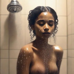 Create an image of a light brown skinned girl in the shower