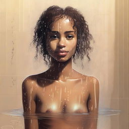 Create an image of a light brown skinned girl in the shower