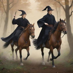 Anime style illustration of a young king in a black robe, without a crown, and a witch in a brown robe with a staff, viewed from behind, both mounted on different horses galloping through a forest.