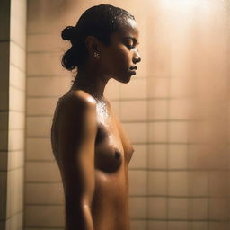 Create a tastefully done, non-explicit image of a light brown skinned girl in the shower