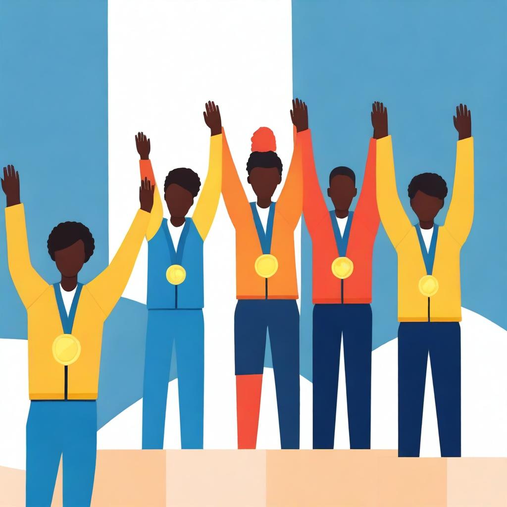 An image of a podium with athletes wearing medals, raising their hands in celebration