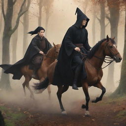 Anime style illustration of a young king in a black robe, without a crown, and a witch in a brown robe with a staff, viewed from behind, both mounted on different horses galloping through a forest.