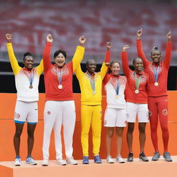 An image of a podium with athletes wearing medals, raising their hands in celebration